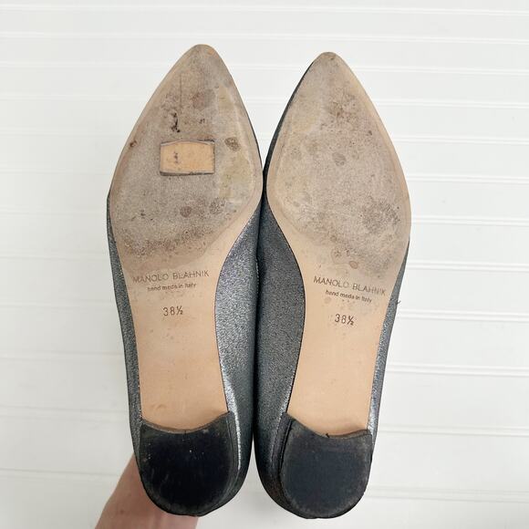 Manolo Blahnik Hangisi Silver Glitter Crystal Buckle Flats Metallic Ballerina - Picture 8 of 9